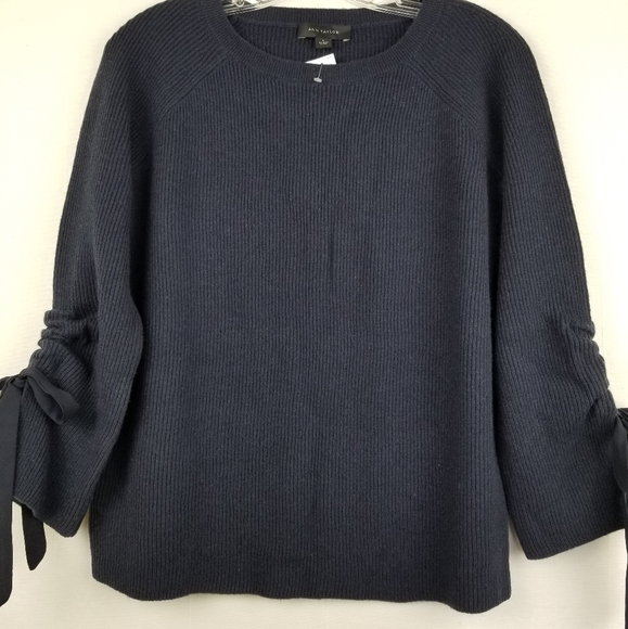 New Ann Taylor Navy Blue Wool Bow Tie Cuff Ribbed Sweater Size Small - Picture 3 of 11